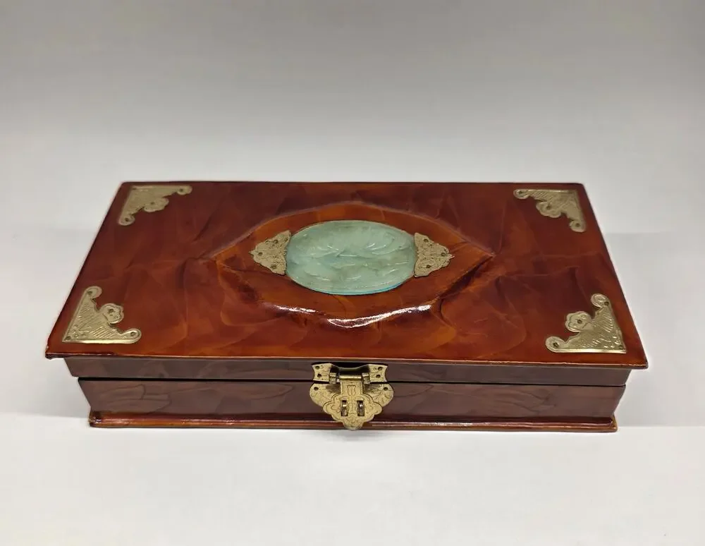 Vintage Chinese Wooden Jewelry Box Brass Hardware Jade Stone Inlay Red Lined